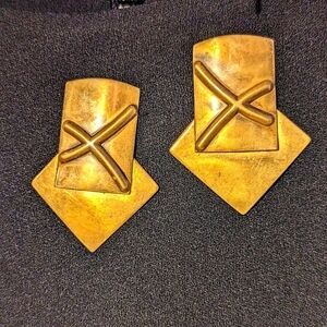 Vintage Metallic Bronze brutalist Brass two piece arrow design earrings post